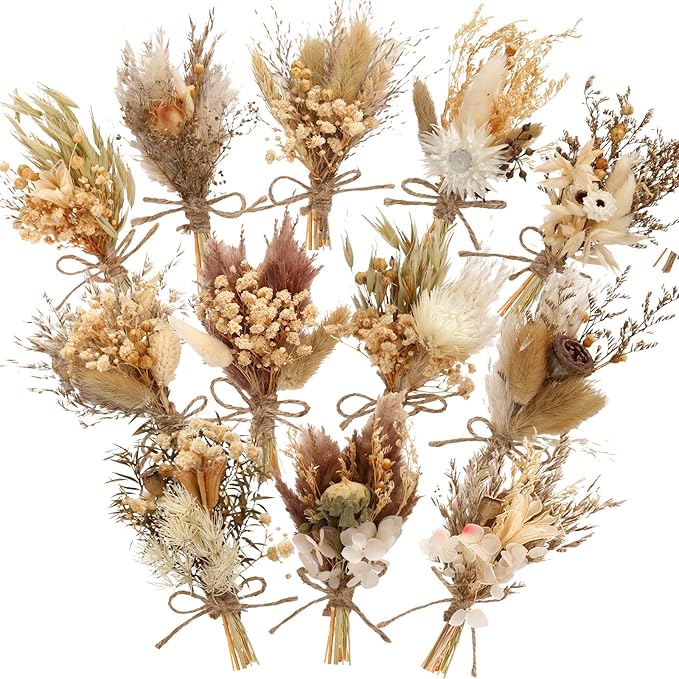 Layhit 12 Pack Boho Dried Flower Bouquet Mini Wedding Handmade Dry Flowers Decor for Vase Crafts DIY Photo Boutonniere for Men Floral Plant for Bridesmaid Gift Birthday Decor(Rustic)