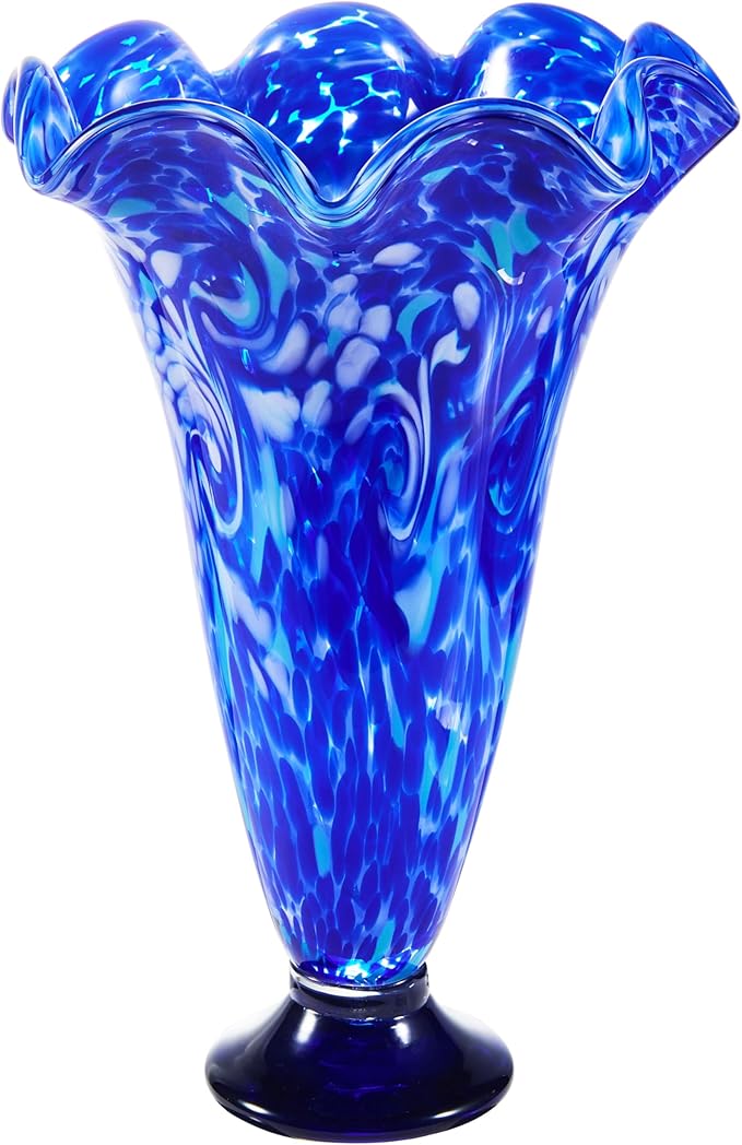 Luxury Lane Hand Blown Cobalt Blue Confetti Art Glass Flower Vase for Home Decor 10 inch Tall Centerpiece Table Decoration