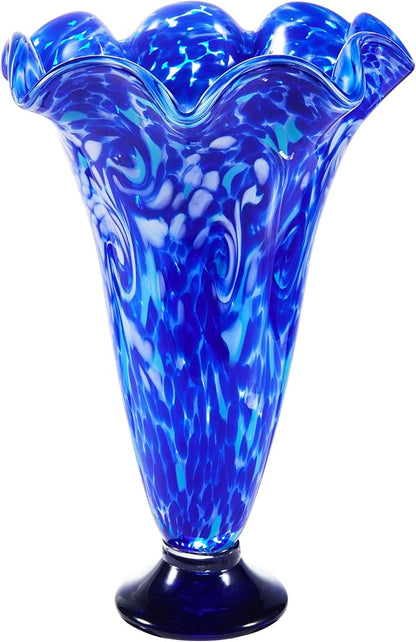 Luxury Lane Hand Blown Cobalt Blue Confetti Art Glass Flower Vase for Home Decor 10 inch Tall Centerpiece Table Decoration