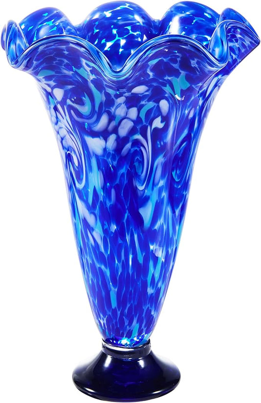 Luxury Lane Hand Blown Cobalt Blue Confetti Art Glass Flower Vase for Home Decor 10 inch Tall Centerpiece Table Decoration
