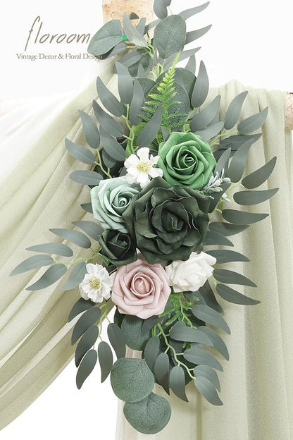 Floroom Arch Flowers with Drapes Kit (Pack of 4) - 2pcs Artificial Emerald & Sage Green Floral Swag Arrangement with 2pcs Draping Fabric for Wedding Ceremony Arbor and Reception Backdrop Decoration