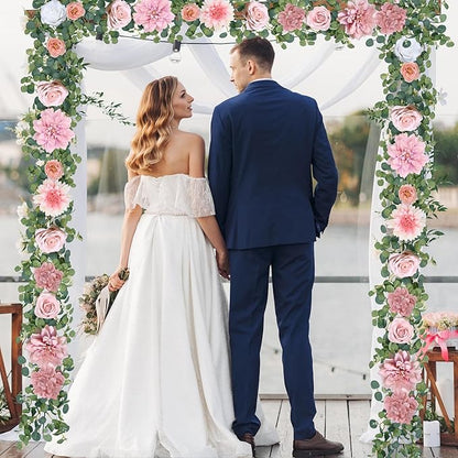 Waipfaru 2 Pcs Flower Garland, 12.14ft Eucalyptus Garland Vines with Flowers for Wedding Reception Table Mantle Spring Room Decor (Rose Pink)
