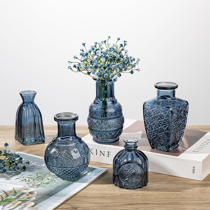 Glass Bud Vases Set of 10, Small Flower Vase in Bulk for Centerpieces, Mini Vintage Blue Vases for Rustic Wedding Vintage Home Table Decor