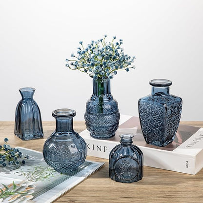 Glass Bud Vases Set of 10, Small Flower Vase in Bulk for Centerpieces, Mini Vintage Blue Vases for Rustic Wedding Vintage Home Table Decor