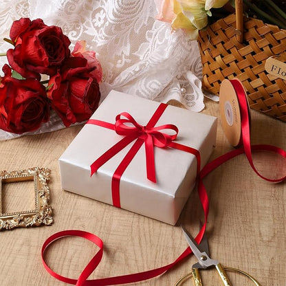 LaRibbons Bright Red Satin Ribbon 3/8 Inch 25 Yards Luxury Double Faced Red Ribbon for Gift Wrapping Flower Bouquet Crafts Wedding Party Christmas Decoration