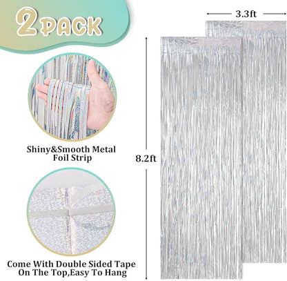 2 Pack Laser Silver Foil Fringe Backdrop Curtains, Tinsel Streamers Birthday Party Decorations, Fringe Backdrop for Graduation, Baby Shower, Gender Reveal, Disco Party