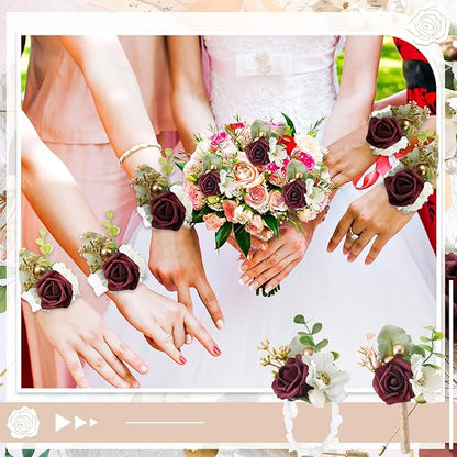 12 Pcs Wedding Wrist Corsage and Boutonniere Set Rose Wrist Corsage for Prom Boutonniere for Men Wedding Flowers Accessories Prom Suit Decorations for Wedding Ceremony Anniversary (Red)