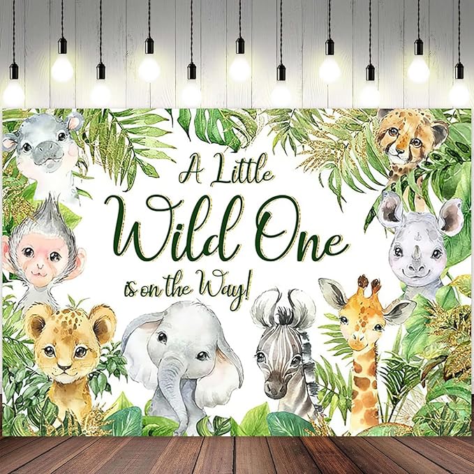 12x8ft Baby Shower Backdrop A Little Wild One is On The Way Photography Background Jungle Animals Tropical Green Leaf Newborn Birthday Party Banner Decorations Gender Reveal Photo Booth Prop