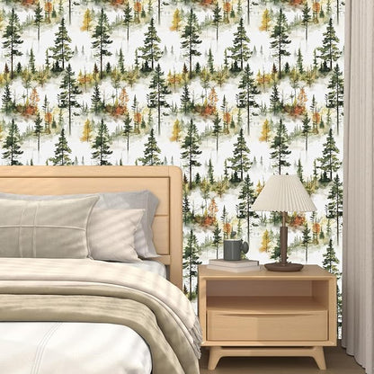 Autumn Forest Wallpaper Peel and Stick, Green/Yellow Pine Trees Contact Paper,Woodland Landscape Wall Mural Self Adhesive Waterproof Removable for Bathroom Shelves Cabinet Drawer Table 17.5" x 118"