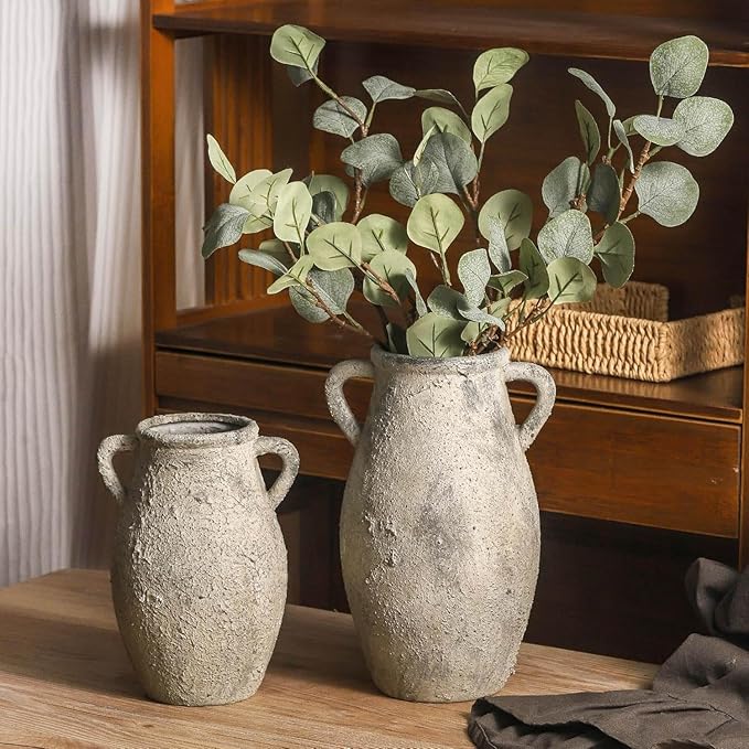 Ceramic Flowers Vase - Rustic Decorative Vase for Home Decor, 9 inch Vintage Terracotta Vase for Flowers, Pottery Vase with 2 Hanldes for Home Living Room Decor, Non-Slip Lyeec Vases