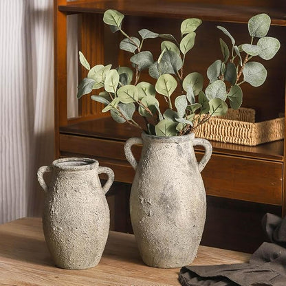 Ceramic Flowers Vase - Rustic Decorative Vase for Home Decor, 9 inch Vintage Terracotta Vase for Flowers, Pottery Vase with 2 Hanldes for Home Living Room Decor, Non-Slip Lyeec Vases