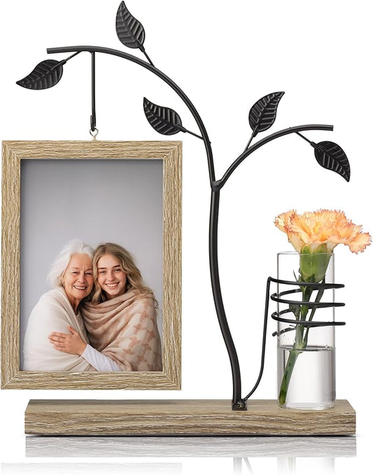 Afuly 4x6 Picture Frame Potted Plants Desk Photo Frames with Metal Stand Glass Vase, Rustic Double Sides Display Wood Frame Wedding Birthday Gifts for Couple Mom Grandma Women