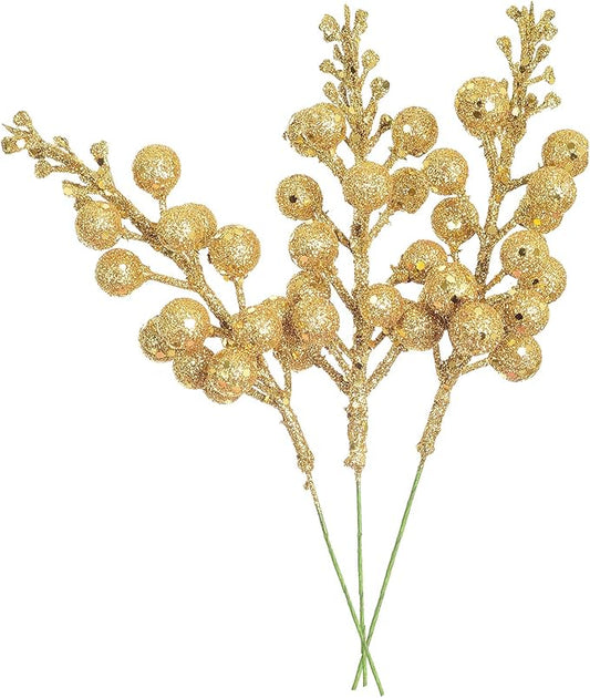 14 Pack Christmas Glitter Berries Stems, 7.8Inch Artificial Christmas Picks for Christmas Tree Ornaments, DIY Xmas Wreath, Crafts, Holiday and Home Decor, Gold