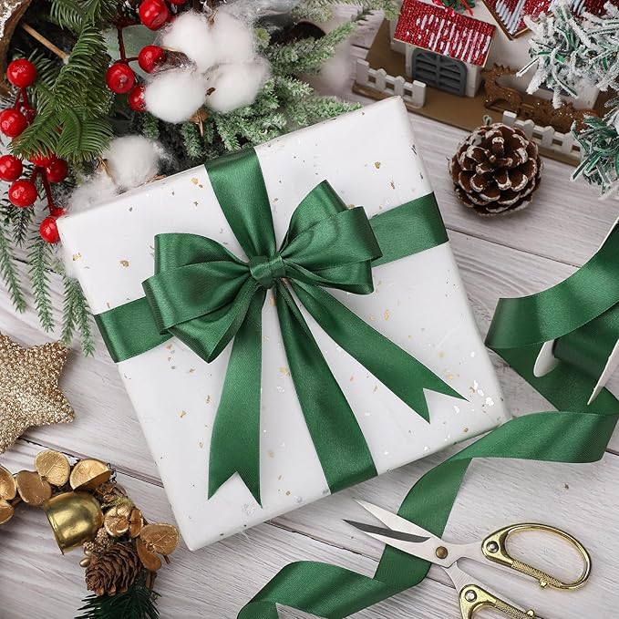 Dark Green Ribbon 1 Inch Christmas Ribbon Emerald Green Satin Ribbons 50 Yards for Gift Wrapping Bows Crafts Wreath Christmas Tree Xmas Decorations