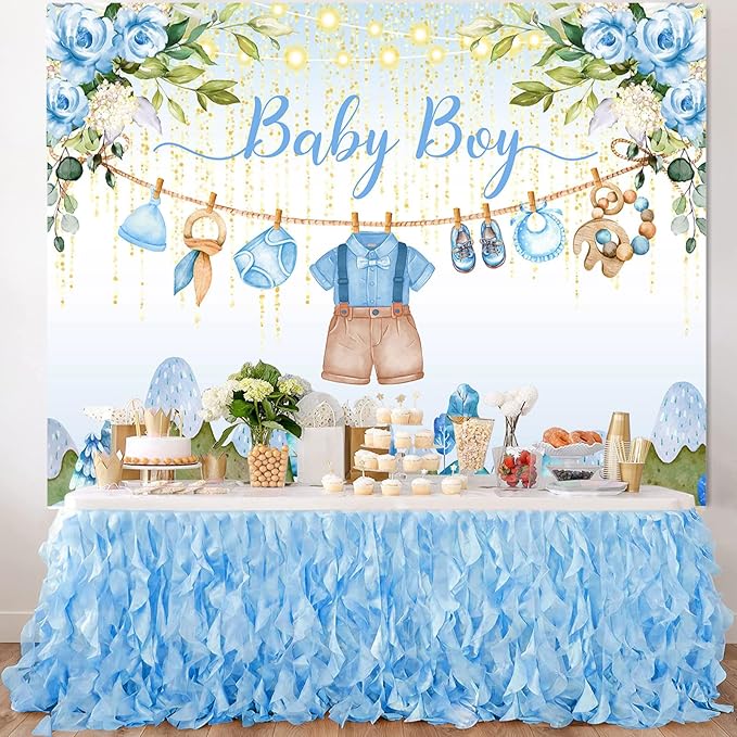 Blue Floral Baby Shower Backdrop Banner Decorations for Boy,Watercolor Flower Oh Baby Boy Outfit Backdrops Banner Photography Background for Baby Shower Party Supplies Photo Booth Props 7x5ft