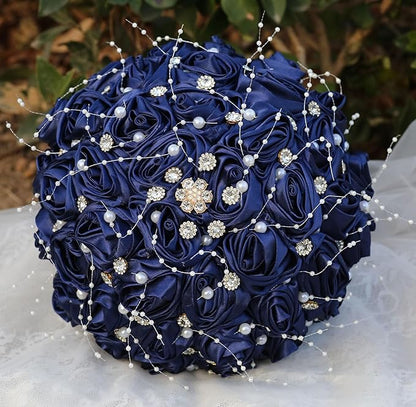 Bridal Wedding Bouquet Round Bling Brooch Bouquet Throw Toss Artificial Rose Flower Bunch for Bride Bridesmaid Wedding Quinceanera(Navy Blue, 9.8")