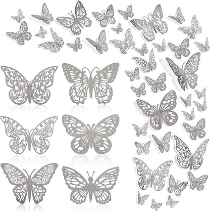 144 Pcs 3D Butterfly Wall Stickers Decor 6 Styles 3 Sizes, Silver Removable Butterfly Decals Room Wall Decor for Kids Nursery Classroom, Wedding, Party, Baby Shower