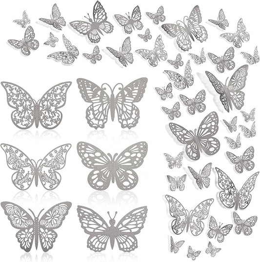 144 Pcs 3D Butterfly Wall Stickers Decor 6 Styles 3 Sizes, Silver Removable Butterfly Decals Room Wall Decor for Kids Nursery Classroom, Wedding, Party, Baby Shower
