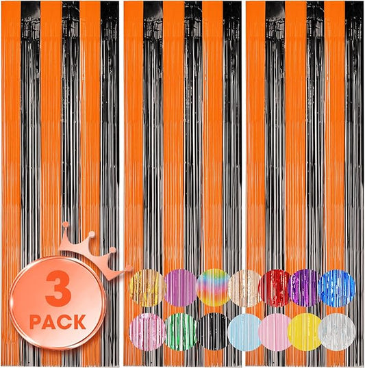 3 Pack 3.3x8.2 Feet Black and Orange Foil Fringe Backdrop Curtains, Tinsel Streamers Birthday Party Decorations, Fringe Backdrop for Graduation, Baby Shower, Gender Reveal, Disco Party
