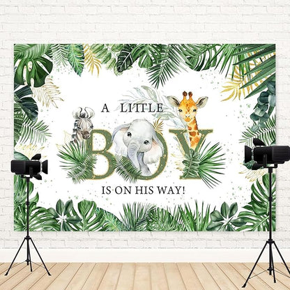 9x6ft Baby Shower Backdrop A Little Boy is On His Way Photography Background Jungle Animals Elephant Giraffe Green Gold Leaves Kids Party Banner Decorations Newborn Parties Photo Booth Prop