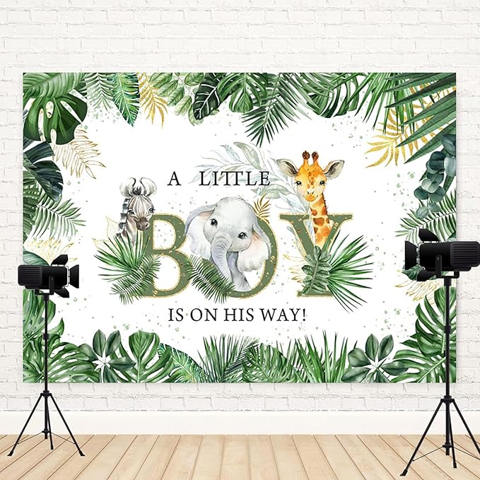 8x6ft Baby Shower Backdrop A Little Boy is On His Way Photography Background Jungle Animals Elephant Giraffe Green Gold Leaves Kids Party Banner Decorations Newborn Parties Photo Booth Prop