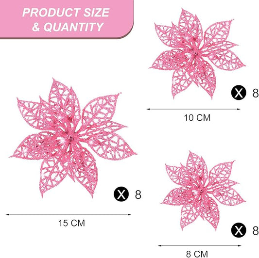 Boao Pink 24 Pieces Poinsettia Flower Christmas Glitter Artificial Poinsettia with Clips Christmas Tree Ornament Decorations for DIY Xmas Wreath Holiday Home Party Decor, 3/4/6 Inches