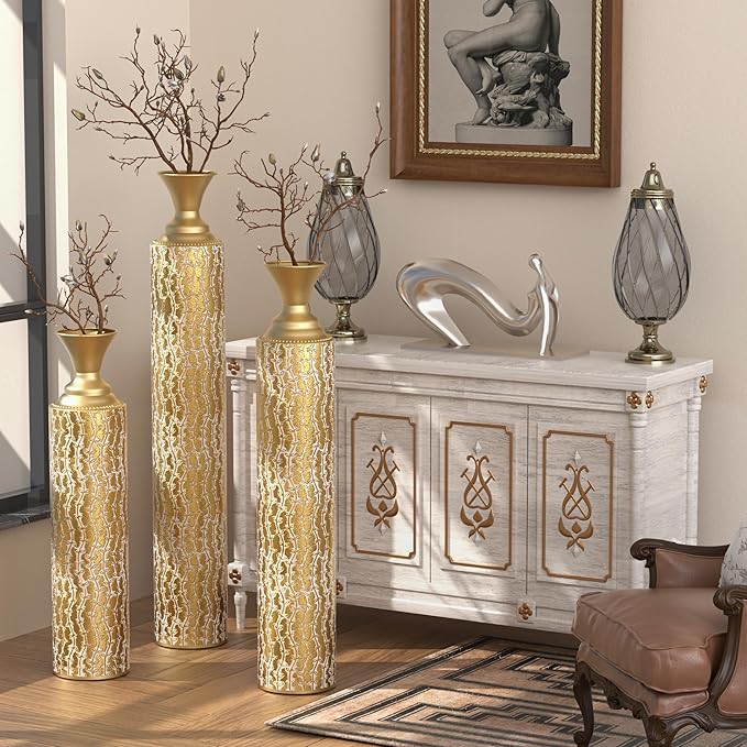 Floor Vases, Tall Home Decor Metal Vase Set of 3 Large Glazed Decorative Vases for Wedding Decor, Elegant Modern Flower Holder for Living Room, Entryway, Hallway, Dining Room