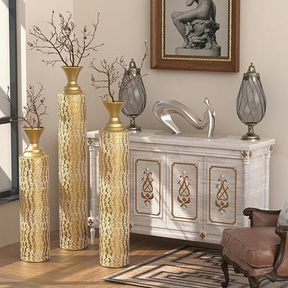 Floor Vases, Tall Home Decor Metal Vase Set of 3 Large Glazed Decorative Vases for Wedding Decor, Elegant Modern Flower Holder for Living Room, Entryway, Hallway, Dining Room