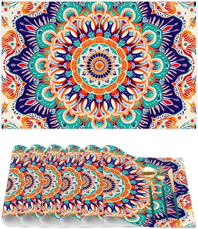 Ethnic Colorful Flower Mandala Placemats Set of 6 PVC Vinyl Non Slip Table Mats Waterproof Heat Resistant Place Mats Washable Wipeable Dining Table Mat for Kitchen Party Farmhouse Indoor Decorative
