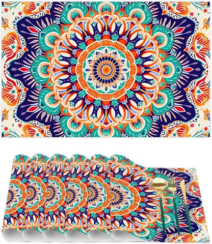 Ethnic Colorful Flower Mandala Placemats Set of 1 PVC Vinyl Non Slip Table Mats Waterproof Heat Resistant Place Mats Washable Wipeable Dining Table Mat for Kitchen Party Farmhouse Indoor Decorative