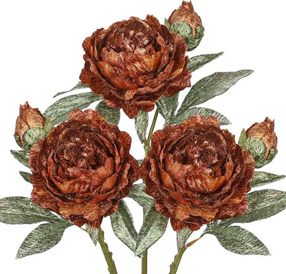 Briful 3PCS Artificial Christmas Peony Flower Stems, 15in Silk Peonies with Bud Fake Peony Floral Arrangement for Xmas Home Vase Party Wedding Bouquet Decor, Bronze