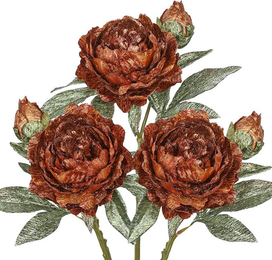 Briful 3PCS Artificial Christmas Peony Flower Stems, 15in Silk Peonies with Bud Fake Peony Floral Arrangement for Xmas Home Vase Party Wedding Bouquet Decor, Bronze