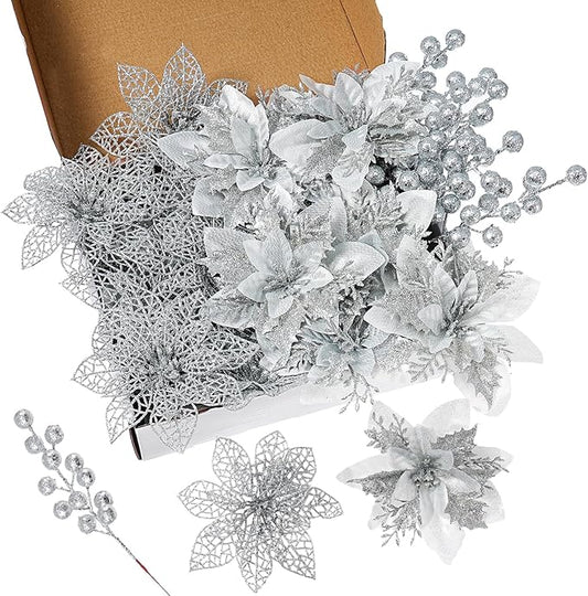 24Pcs Christmas Poinsettia Artificial Flowers and Glitter Berries Kit, 2 Styles Total 16Pcs Christmas Tree Flowers Ornaments, 8Pcs Christmas Tree Picks for Wedding Holiday Decorations, Silver