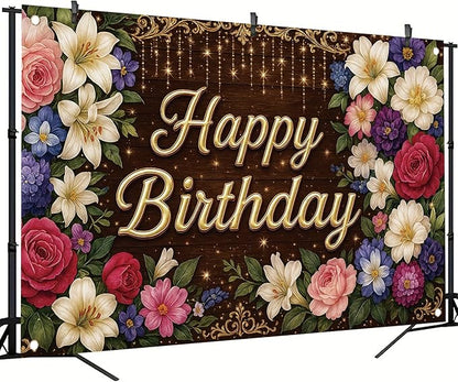 Rustic Wooden Gold Letter Happy Birthday Backdrop Banner for Women Girls Flowers Photography Background Decoration Wedding Baby Shower Decor Photo Booth Studio Props Supplies 6x4ft