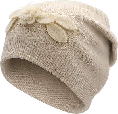 ZLYC Women Floral Slouchy Beanie Hat Double Layer Winter Knit Skull Cap