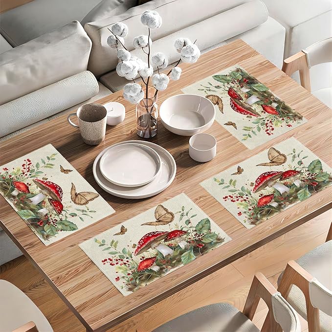 Mushroom Botanical Placemats Set of 4 Mushroom Plants Leaves Butterfly Place Mats Botanic Waterproof Washable Table Mats Kitchen Dining Decoration 4 PCS