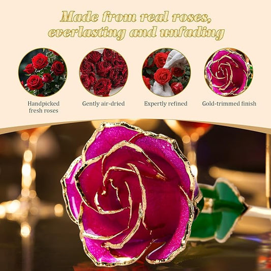 Mikasol Real 24K Gold Dipped Realistic Rose – Timeless Lifelike Bloom with Heart Puzzle Base – Romantic Gradient Purple Flower Gift for Her, Wife, Girlfriend, Mom – Birthday, Anniversary, Mother’s Day