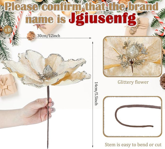 8 Pcs Large Christmas Flower Magnolia Flowers Christmas Tree Decoration Artificial Poinsettia Stems Velvet Xmas Ornaments for Xmas Tree Table Decor(Champagne,12 Inch)