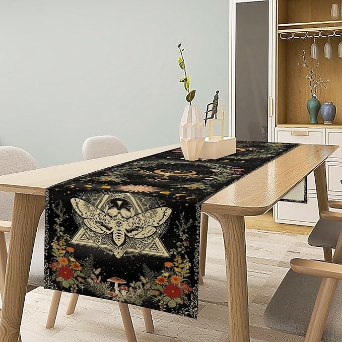 Gothic Moth Table Runner, Boho Gothic Sun Moon Phase Wildflower Mystical Witchy Farmhouse Coffee Table Center Decor for Home Kitchen Dining Patio Holiday Party Table Decorations 13x90 inches