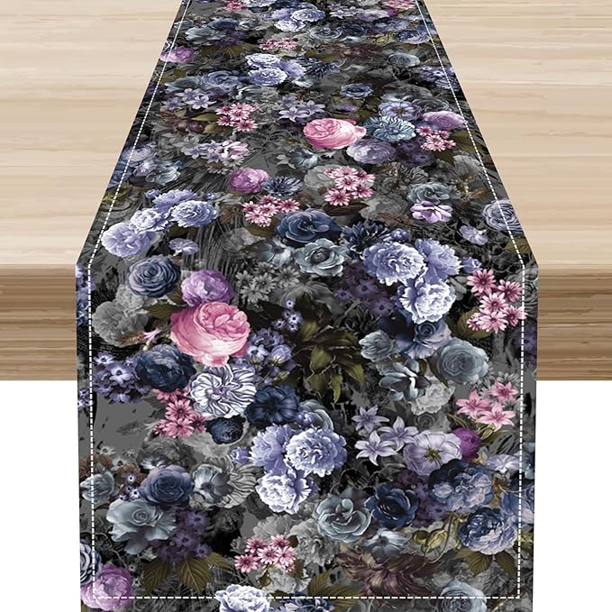 Vintage Floral Table Runner, Gothic Pink Blue Floral Boho Flower Garden Botanical Spring Seasonal Print Table Center Decor for Family Kitchen Table Decorations Indoor Outdoor 13x72 inch