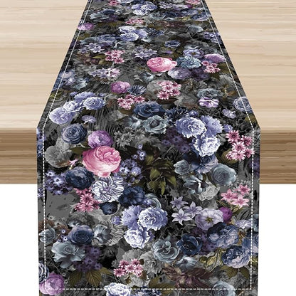 Vintage Floral Table Runner, Gothic Pink Blue Floral Boho Flower Garden Botanical Spring Seasonal Print Table Center Decor for Family Kitchen Table Decorations Indoor Outdoor 13x72 inch