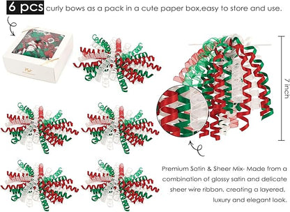 HUIHUANG Christmas Bows for Gift Wrapping Red/White/Green Curly Bows with Self Adhesive & Twist Tie, 7 inch X-mas Ribbon Bow for Presents, Gift Basket, Fall Decor, Party Favors- 6 Counts