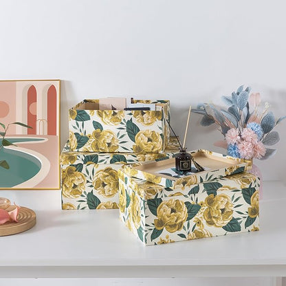 Soul & Lane Decorative Cardboard Storage Boxes with Lids for Home Decor and Organization, Set of 3 Large Keepsake Boxes for Memories & Gifts, Nesting Floral Photo Storage Containers, Golden Peony