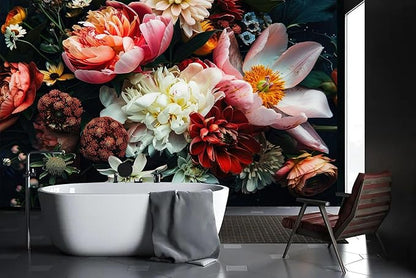 Large Floral Wallpaper Dark Peony Flowers Wall Mural for Living Room Bedroom（Not Peel and Stick）