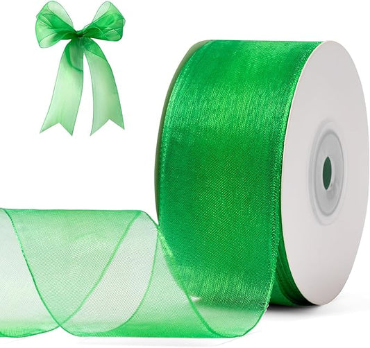 Green Organza Ribbon for Gift Wrapping, FAKILO 2 Inch Shimmer Sheer Wrapping Ribbon for Bouquet, Wedding,Festival - 50 Yards Each Roll