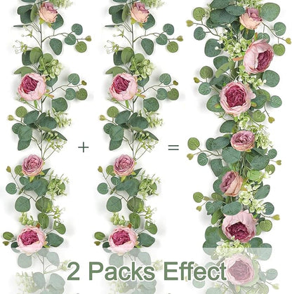 SOMYTING Artificial Flowers Garland 6FT Eucalyptus Flower Garlands Vintage Peony Rose Vine Faux Floral Garland for Wedding Party Arch Table Wall Backdrop Decoration (Vintage Pink, 4PCS)