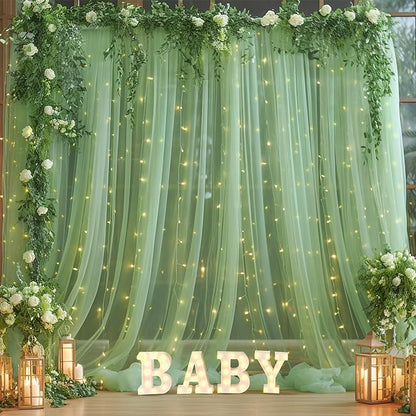 30×10ft Green Tulle Backdrop Curtain with Lights String for Parties, Sheer Photo Backdrop Curtains for Wedding Party Photography Background