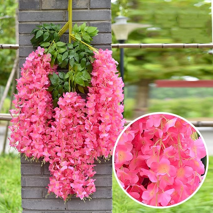 Artificial Wisteria Hanging Flowers Fake Wisteria Flower Garland Silk Vines Rattan Decor for Home Wedding Arch Wall Garden Greenery Bedroom Outdoor Office Party Decoration(24, Dark Pink)