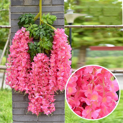 Artificial Wisteria Hanging Flowers Fake Wisteria Flower Garland Silk Vines Rattan Decor for Home Wedding Arch Wall Garden Greenery Bedroom Outdoor Office Party Decoration(24, Dark Pink)