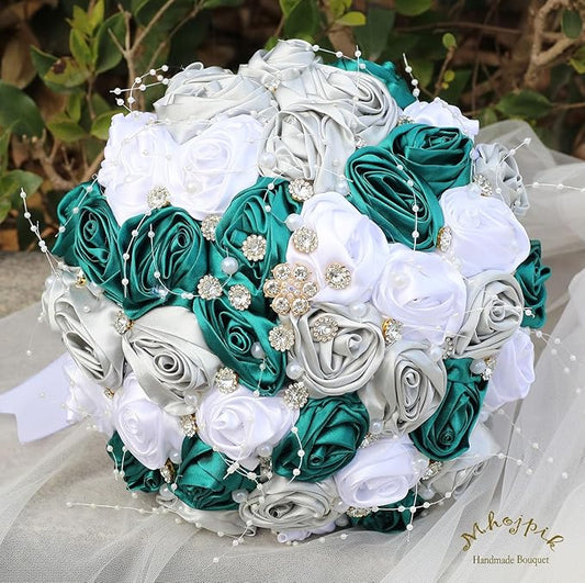 Bridal Wedding Bouquet Round Bling Brooch Bouquet Throw Toss Artificial Rose Flower Bunch for Bride Bridesmaid Wedding Quinceanera(Dark Green, Silver & White, 6.3")